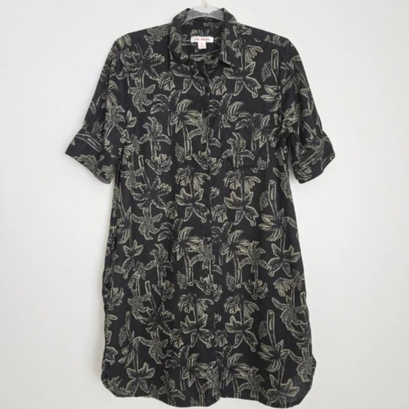 JOE FRESH Linen Blend Black & Sage Palm Print Short Sleeve Shirt Dress - Size XL - Picture 1 of 12